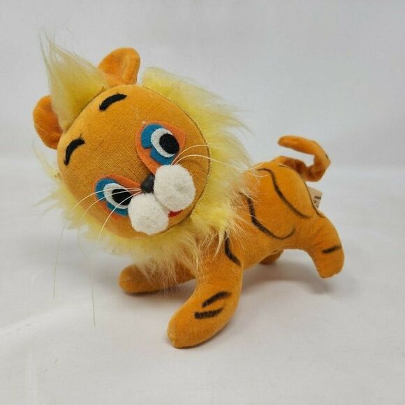 VINTAGE PIG TAIL TOYS TIGER LION ORANGE JAPAN MADE THEME PARK PRIZE PLUSH 6" - Picture 1 of 9